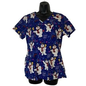 FROSTY THE SNOWMAN Women's XS Blue Scrub Top Vibrant Colorful Winter Pattern